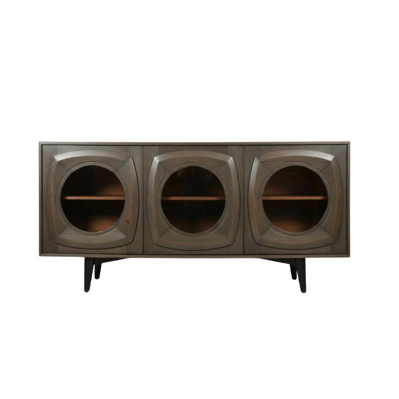 A mid-century modern sideboard cabinet with a dark brown wood finish, featuring three large circular recessed panels on the front and three short black legs, shown against a plain white background.
