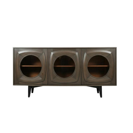 A mid-century modern sideboard cabinet with a dark brown wood finish, featuring three large circular recessed panels on the front and three short black legs, shown against a plain white background.