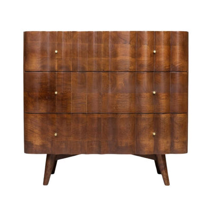 Mid-century modern wooden chest of drawers with a wavy, segmented panel design, three drawers, and small brass knobs, shown against a plain white background.