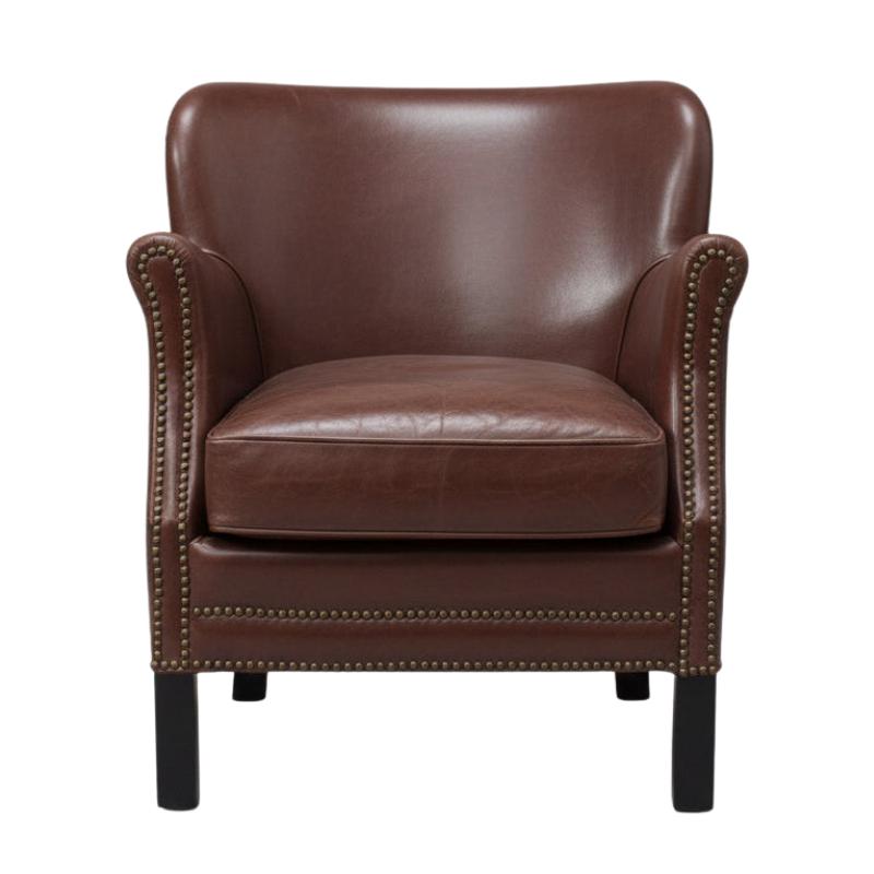 A classic brown leather armchair with rolled arms, nailhead trim, and dark legs, shown against a plain white background.