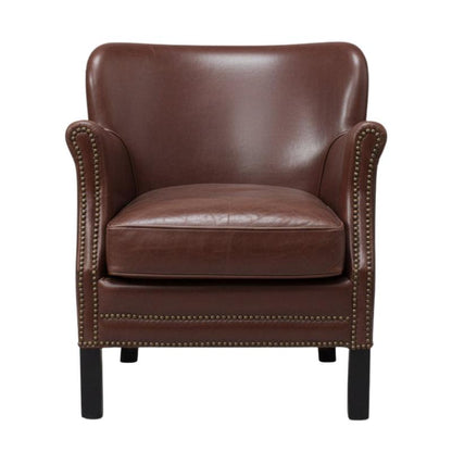 A classic brown leather armchair with rolled arms, nailhead trim, and dark legs, shown against a plain white background.
