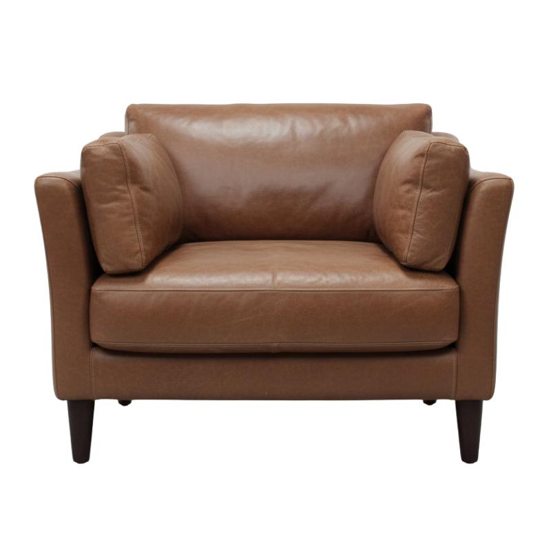 A brown leather armchair with a low back, wide armrests, and dark tapered legs, shown against a plain white background.