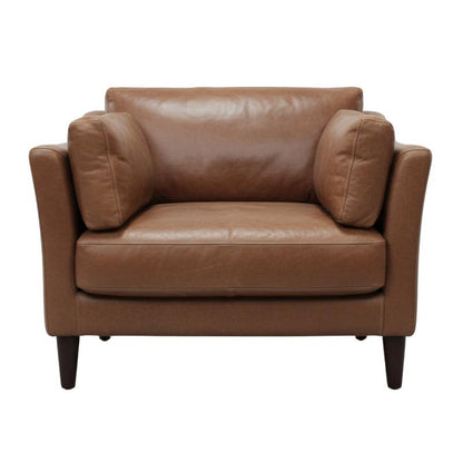 A brown leather armchair with a low back, wide armrests, and dark tapered legs, shown against a plain white background.
