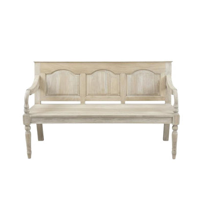 A rustic bleached wooden bench with three arched panel backrests and turned legs, shown against a plain white background.