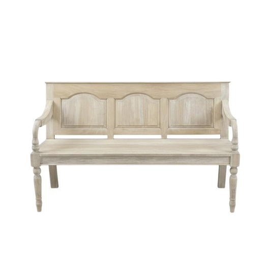 A rustic bleached wooden bench with three arched panel backrests and turned legs, shown against a plain white background.