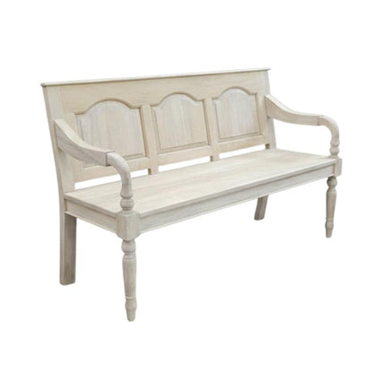 A rustic bleached wooden bench with three arched backrest panels and turned legs, shown on a plain white background.
