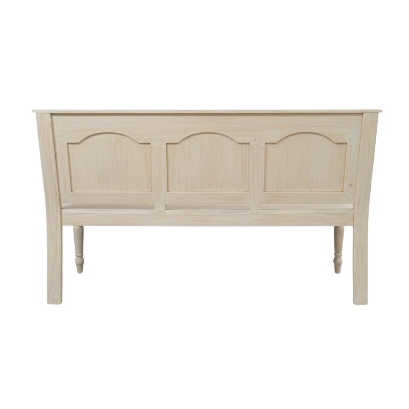 A light natural wood bench with three arched panel details on the front, shown against a plain white background.