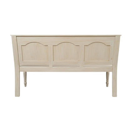A light natural wood bench with three arched panel details on the front, shown against a plain white background.