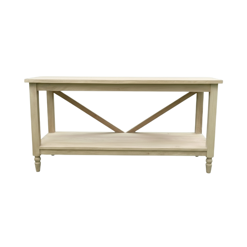 A light natural wood console table with a single shelf and a central X-brace design, shown against a plain white background.