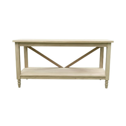 A light natural wood console table with a single shelf and a central X-brace design, shown against a plain white background.
