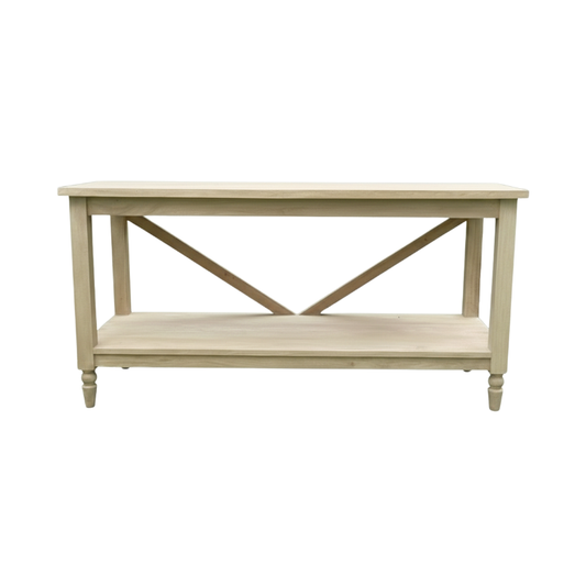 A light natural wood console table with a single shelf and a central X-brace design, shown against a plain white background.