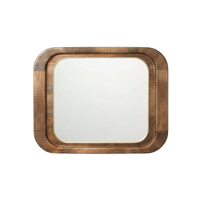 Rectangular mirror with a textured wooden frame on a white background