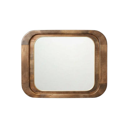 Rectangular mirror with a textured wooden frame on a white background