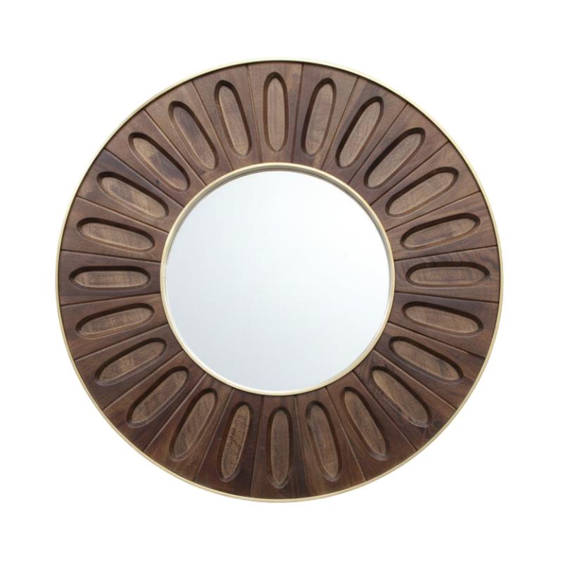 Round wall mirror with a carved sunburst wood frame in a medium-to-dark brown finish and a thin gold-toned outer border, shown on a plain white background.