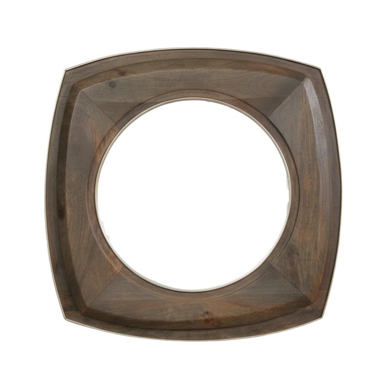 A square wall mirror with a thick, rounded rectangular wooden frame in a dark brown finish, mounted on a plain light beige wall.