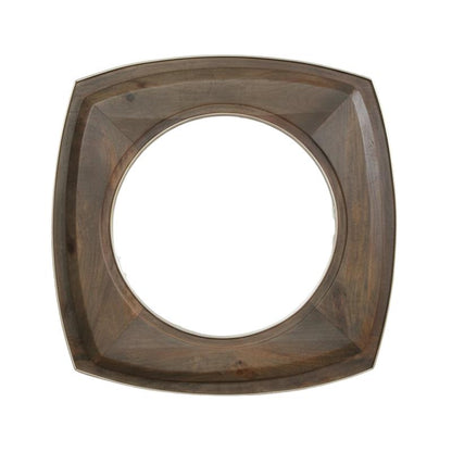 A square wall mirror with a thick, rounded rectangular wooden frame in a dark brown finish, mounted on a plain light beige wall.