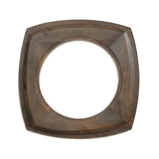 A square wall mirror with a thick, rounded rectangular wooden frame in a dark brown finish, mounted on a plain light beige wall.
