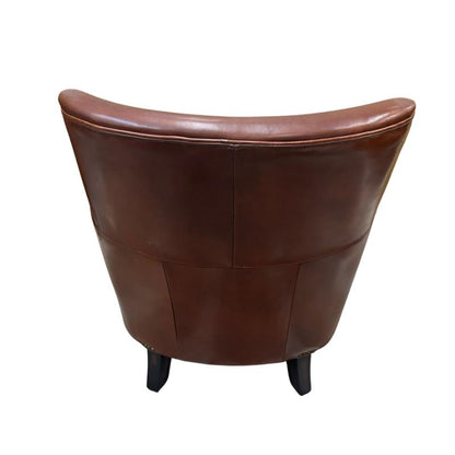A brown leather barrel-style armchair shown from the back, featuring a curved backrest and dark legs, isolated on a white background.