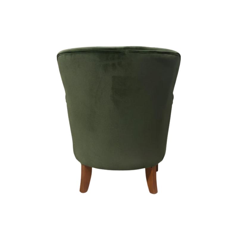 An upholstered barrel-style accent chair in dark olive green velvet, featuring a rounded backrest and four tapered wooden legs, shown against a plain white background.