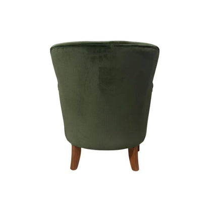 An upholstered barrel-style accent chair in dark olive green velvet, featuring a rounded backrest and four tapered wooden legs, shown against a plain white background.