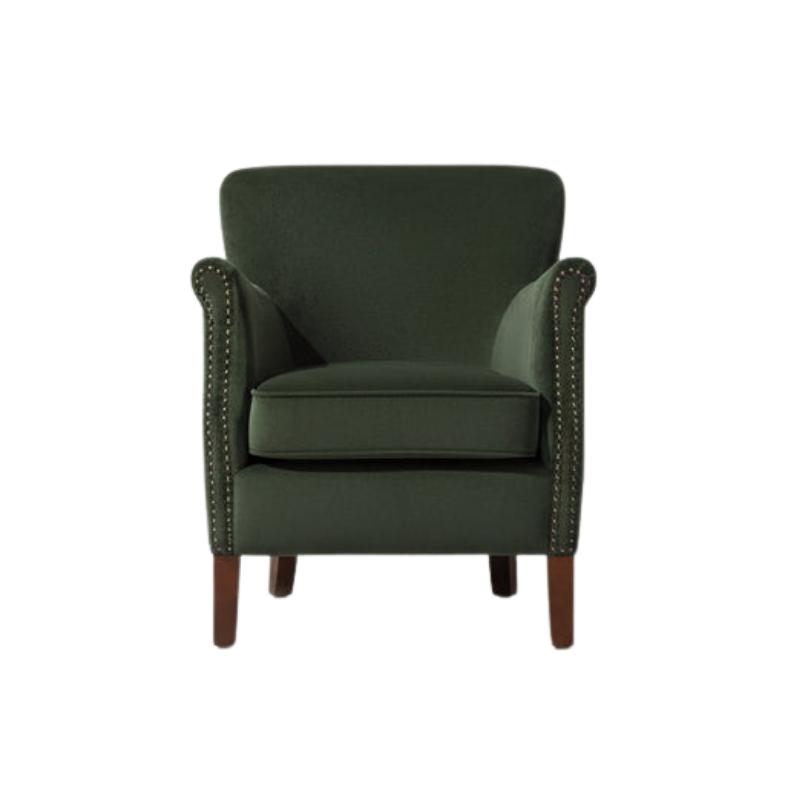 A dark green upholstered armchair with rolled arms, nailhead trim, and dark wooden legs, shown against a plain white background.