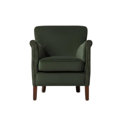 A dark green upholstered armchair with rolled arms, nailhead trim, and dark wooden legs, shown against a plain white background.