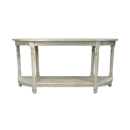 A distressed light gray console table with a single shelf, featuring turned legs and a rounded bottom edge, shown against a plain white background.