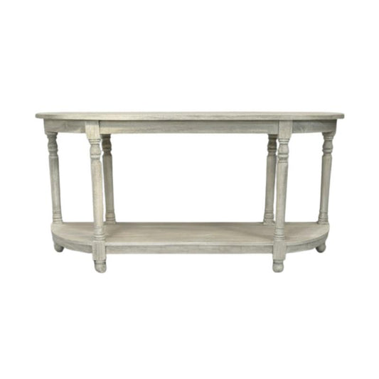 A distressed light gray console table with a single shelf, featuring turned legs and a rounded bottom edge, shown against a plain white background.