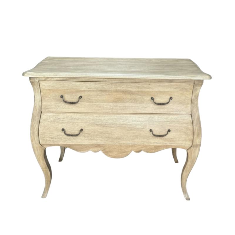 A light beige wood chest of drawers with two drawers, curved cabriole-style legs, and dark metal handles, shown against a plain white background.