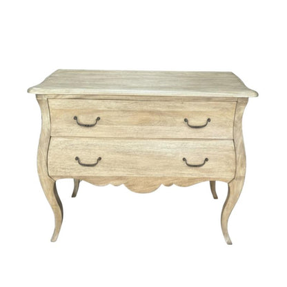 A light beige wood chest of drawers with two drawers, curved cabriole-style legs, and dark metal handles, shown against a plain white background.