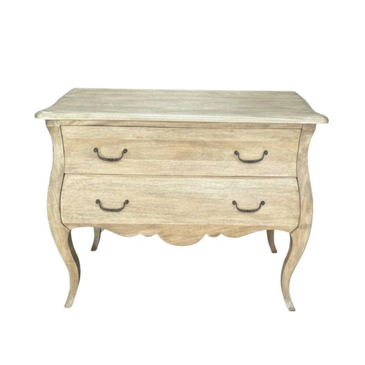 A light beige wood chest of drawers with two drawers, curved cabriole-style legs, and dark metal handles, shown against a plain white background.