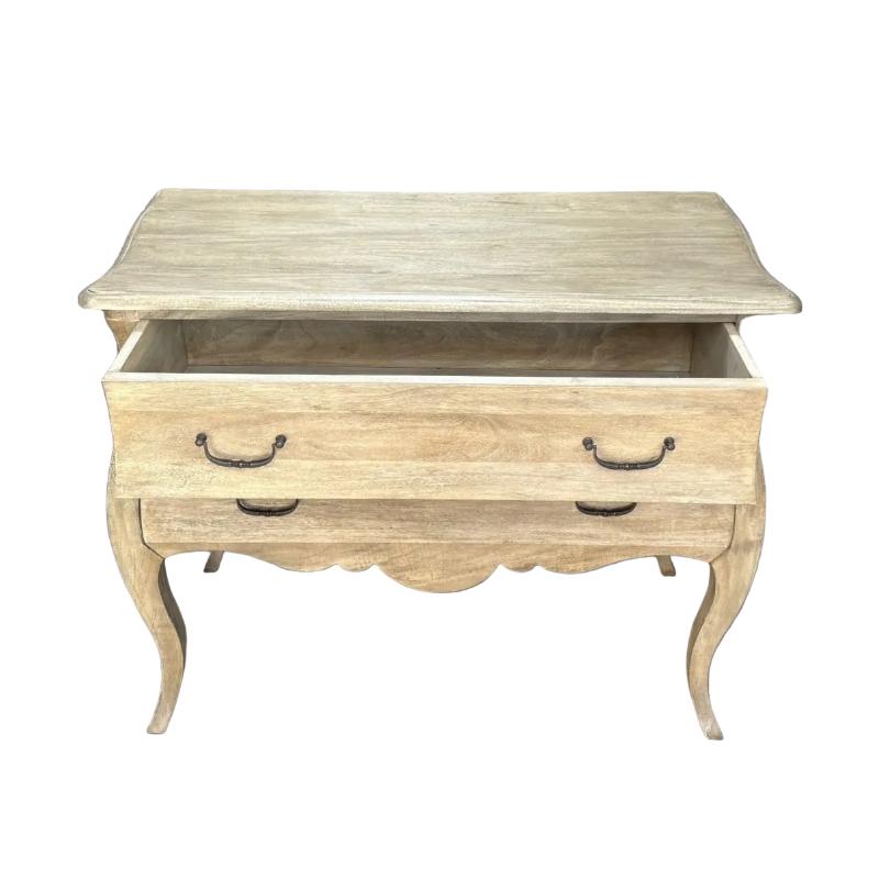 A light natural wood nightstand with a single open drawer, two front drawers with dark metal handles, and curved cabriole-style legs, shown against a plain white background.