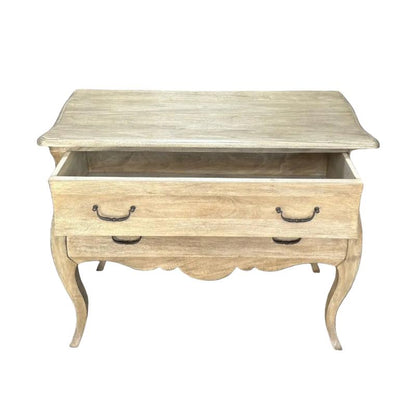 A light natural wood nightstand with a single open drawer, two front drawers with dark metal handles, and curved cabriole-style legs, shown against a plain white background.