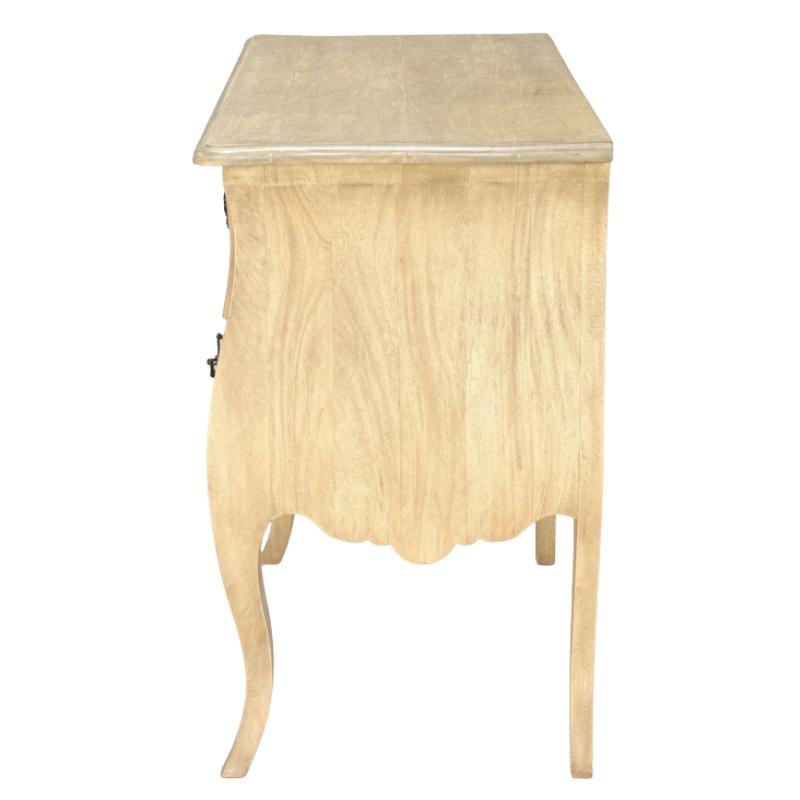 A light natural wood writing desk or side table with a scalloped apron and curved cabriole-style legs, shown from a front-three-quarters angle on a white background.
