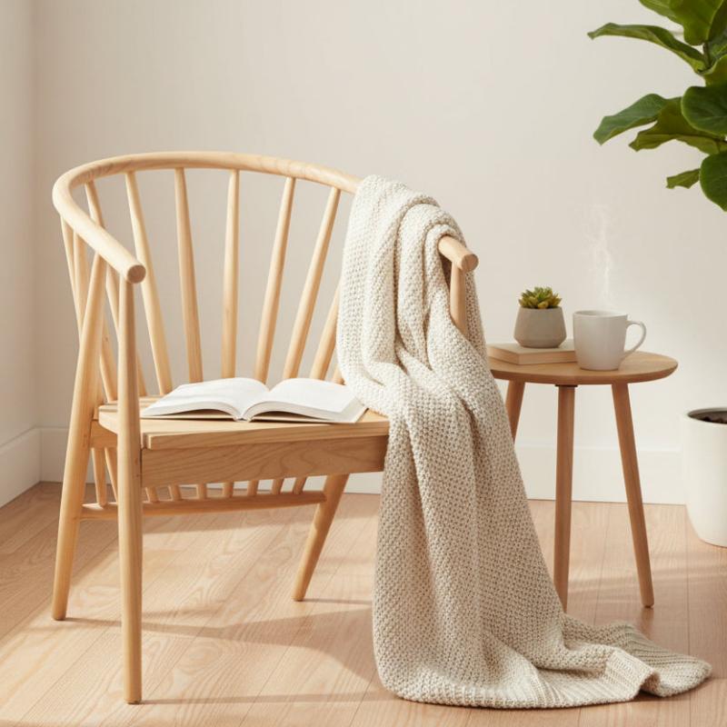 A light natural wood spindle-back armchair with a cream knit throw blanket draped over it, alongside a small wooden side table holding a mug and a small plant, set in a bright, minimalist room.