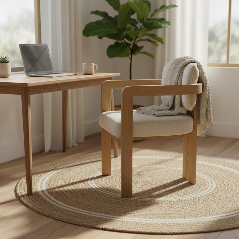 A light wood armchair with a cream upholstered seat and back, styled in a bright home office next to a wooden desk and a round braided rug.
