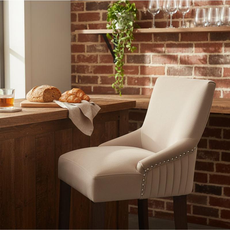 A cream upholstered barstool with dark wooden legs and silver nailhead trim, positioned in front of a rustic wooden counter in a warm, sunlit room with a brick wall background.