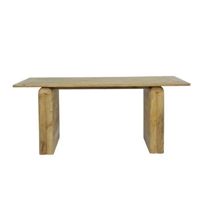 A minimalist wooden table with a rectangular top and two thick, blocky legs, shown against a plain white background.