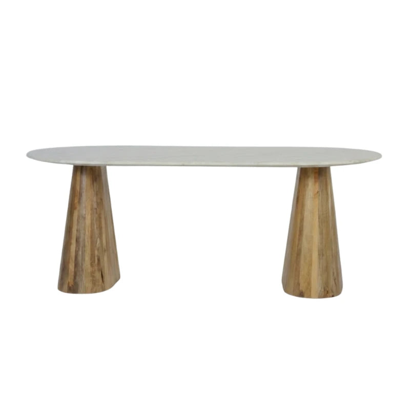 An oval dining table with a light gray stone top and two tapered natural wood legs, shown against a plain white background.