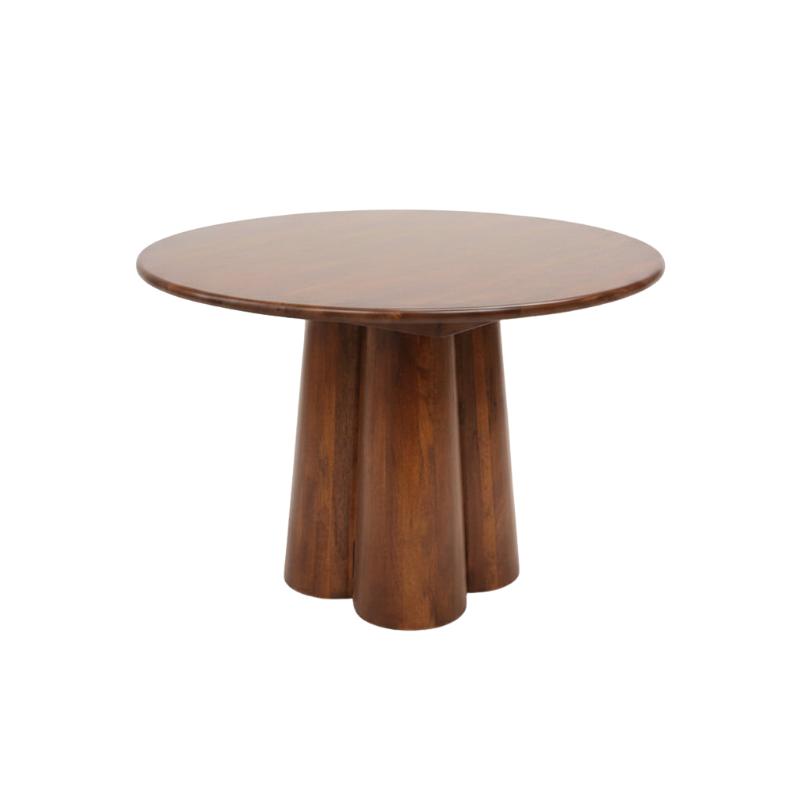 A round wooden table with a medium brown finish, featuring a thick circular top supported by four flared, tapered legs, shown against a plain white background.