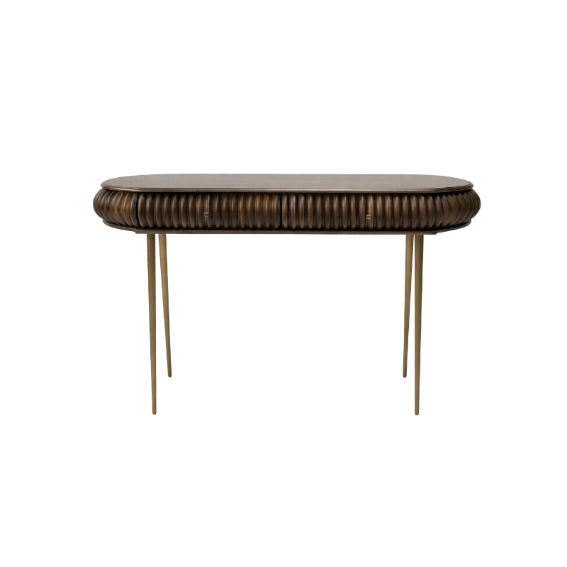 A modern console table featuring a dark brown ribbed wood top and a ribbed dark brown upholstered seat, supported by three slim gold-finished metal legs, shown against a plain white background.