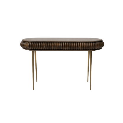A modern console table featuring a dark brown ribbed wood top and a ribbed dark brown upholstered seat, supported by three slim gold-finished metal legs, shown against a plain white background.