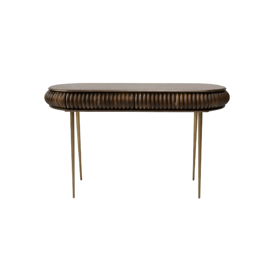 A modern console table featuring a dark brown ribbed wood top and a ribbed dark brown upholstered seat, supported by three slim gold-finished metal legs, shown against a plain white background.