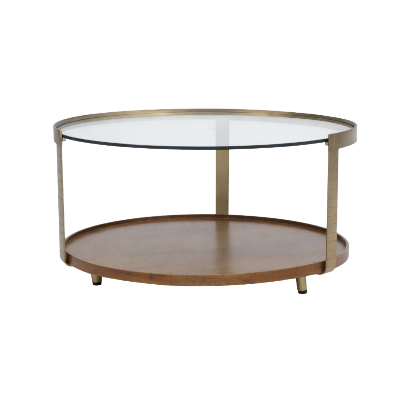 A round two-tier coffee table with a clear glass top, a warm brown wooden lower shelf, and a brushed brass metal frame and legs, shown on a plain white background.