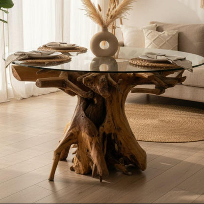 A rustic natural wood table with a unique root-like base and a clear glass top, styled in a bright living room with a sofa, woven rug, and pampas grass centerpiece.