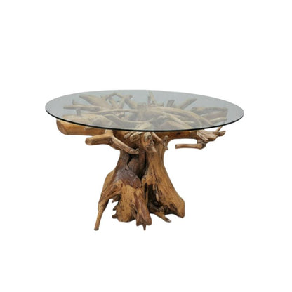 A round glass-top table with a natural driftwood or root-like wooden base, shown on a plain white background.