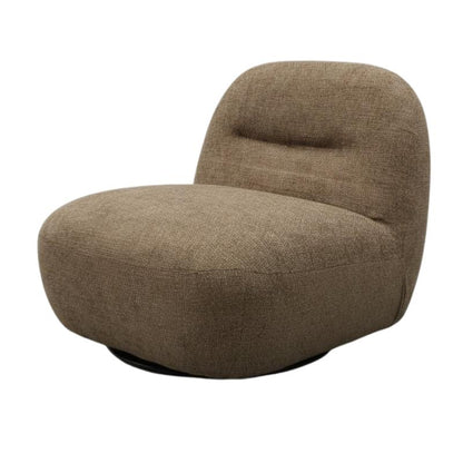 A modern low-profile swivel armchair upholstered in textured taupe-brown fabric, featuring a rounded seat and a curved backrest, shown on a plain white background.