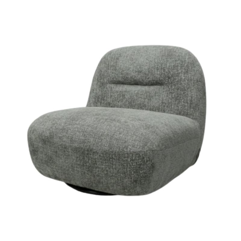 A modern low-profile swivel armchair upholstered in textured olive fabric, shown from a three-quarter angle on a plain white background.
