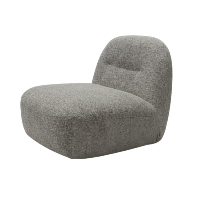 A modern low-profile accent chair upholstered in textured gray fabric, featuring a rounded, tufted backrest and a thick cushioned seat, shown against a plain white background.