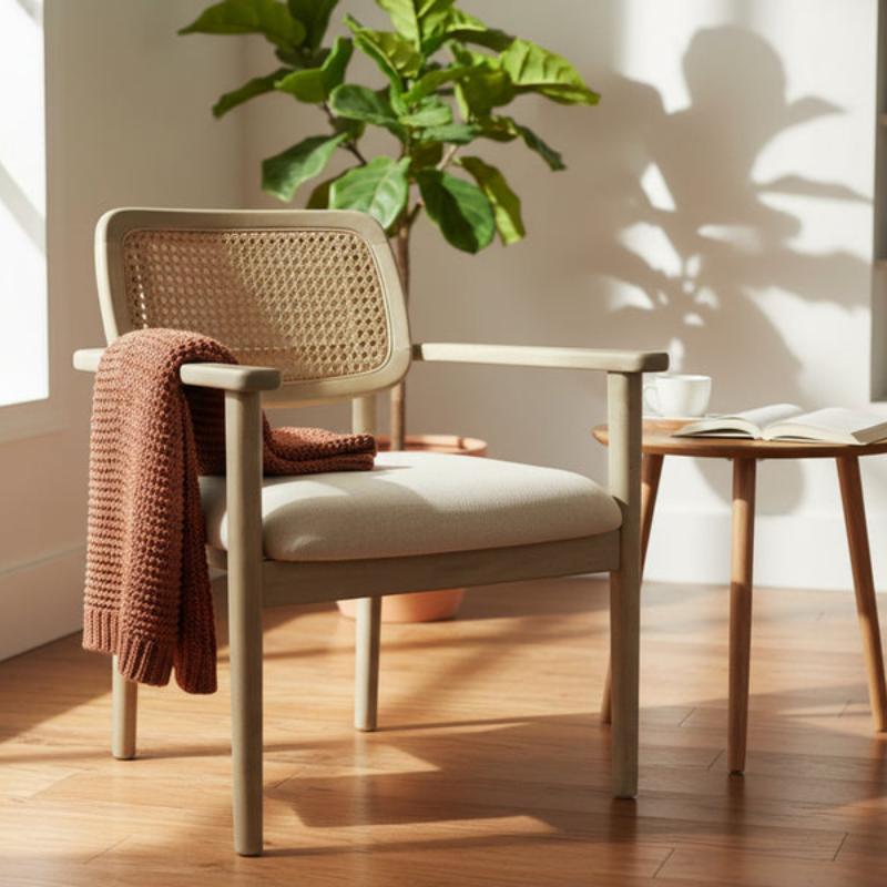 A light beige armchair with a woven cane backrest and a cream cushion, styled in a sunlit room with a rust-brown knit throw blanket draped over the arm, a potted green plant, and a small wooden side table with an open book and a white cup.